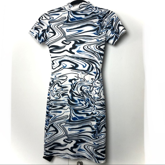 Zaful Twirled Printed Mock Neck Bodycon Dress NWT Blue Black - Picture 6 of 6